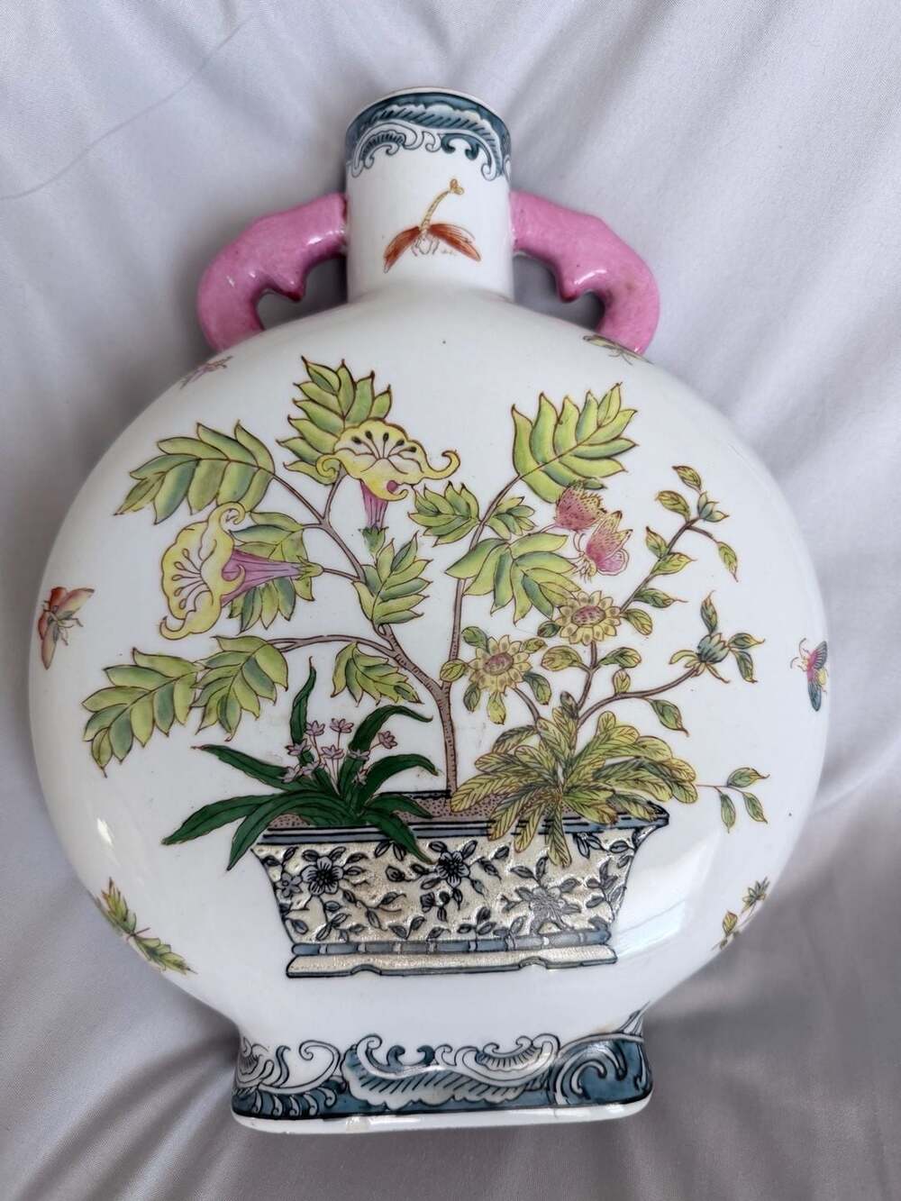 Vintage Chinese Porcelain Moon Flask Vase Bianhu Famille Rose Butterfly Flower
